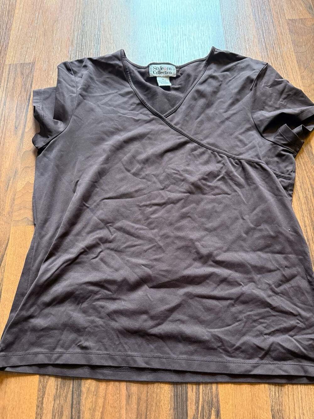 Style & Co. Collection Brown Short Sleeve Surplice Wrap V-Neck Top Size M